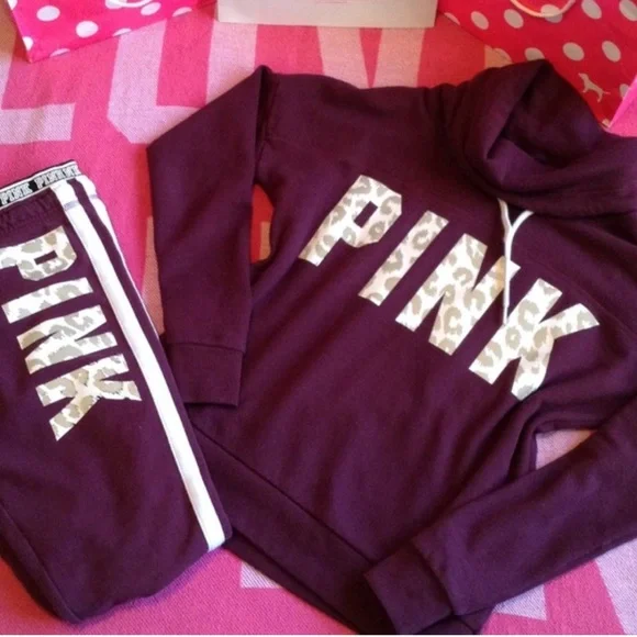 Victoria's Secret PINK cowl neck sweatshirt matching pants leopard print logo XS - Picture 2 of 16